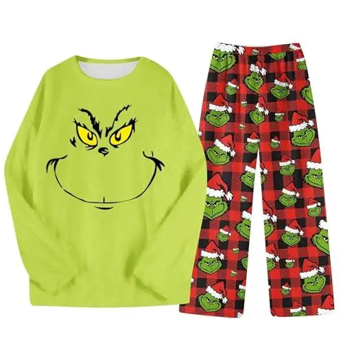 Produktbild: 𝑮𝒓𝒊𝒏𝒄𝒉 Pyjama Damen Weihnachten Weihnachts Nachthemd Damen Weihnachten Pyjama Weihnachten Pyjama Schlafanzug Damen - Sexy Pyjama für Frauen Warme Pyjama Damen Schlafanzug Mädchen Rot L